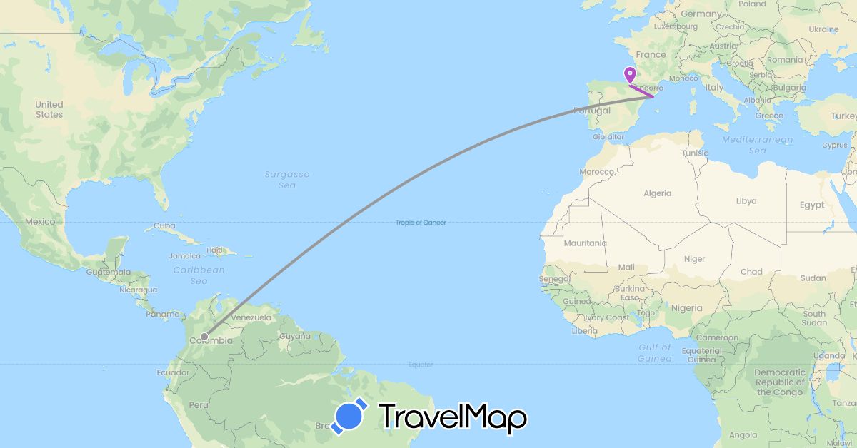 TravelMap itinerary: driving, plane, train in Colombia, Spain (Europe, South America)